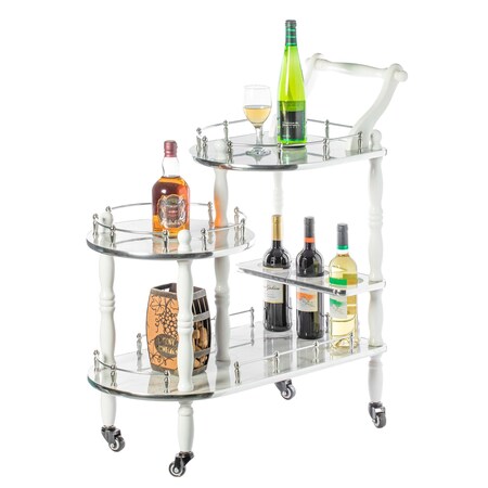 Wood Serving Bar Cart Tea Trolley With 3 Tier Shelves And Rolling Wheels, Silver, White And Gray